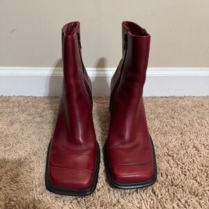 Vintage Connie Red Square-Toe Leather Block Heel Boots Size 8 Y2K Boho Mod Punk
